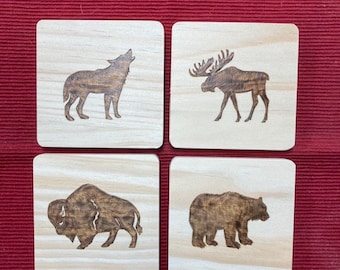 Wildlife Wood burned Coaster Set, Forest Animals Wood Bar Coasters, Wildlife Drink Coasters, Bear Wolf Moose Buffalo  Coasters