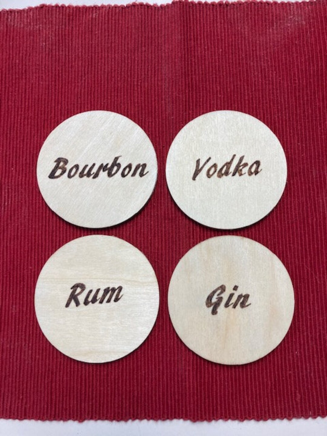 Liquor Themed Wooden Coaster Set, Liquor Names Wood Burned Coaster Set