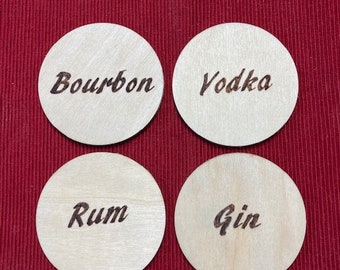 Liquor Themed Wooden Coaster Set, Liquor Names Wood Burned Coaster Set, Bar Coaster Set