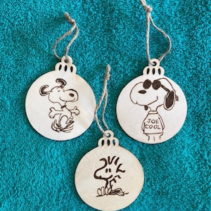Snoopy Wood Burned Ornaments, Snoopy and Woodstock Wood Ornaments, Snoopy Ornament Set