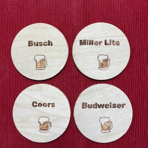 Beer Wood Burned Coaster Set, Beer Brands Bar Coaster Set, Beer Themed Wood Coaster Set