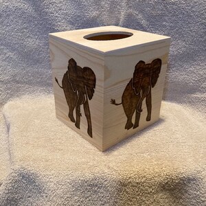 Elephant Wood Burned Tissue Box Holder, Elephant Wood Tissue Box Cover, Elephant Square Tissue Box Holder