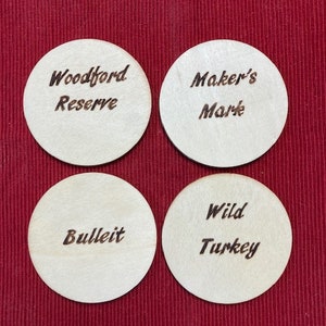 Bourbon Brands Wood burned Bar Coasters, Bourbon Brands Table Coasters, Bourbon Wood Drink Coasters