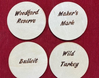 Bourbon Brands Wood burned Bar Coasters, Bourbon Brands Table Coasters, Bourbon Wood Drink Coasters