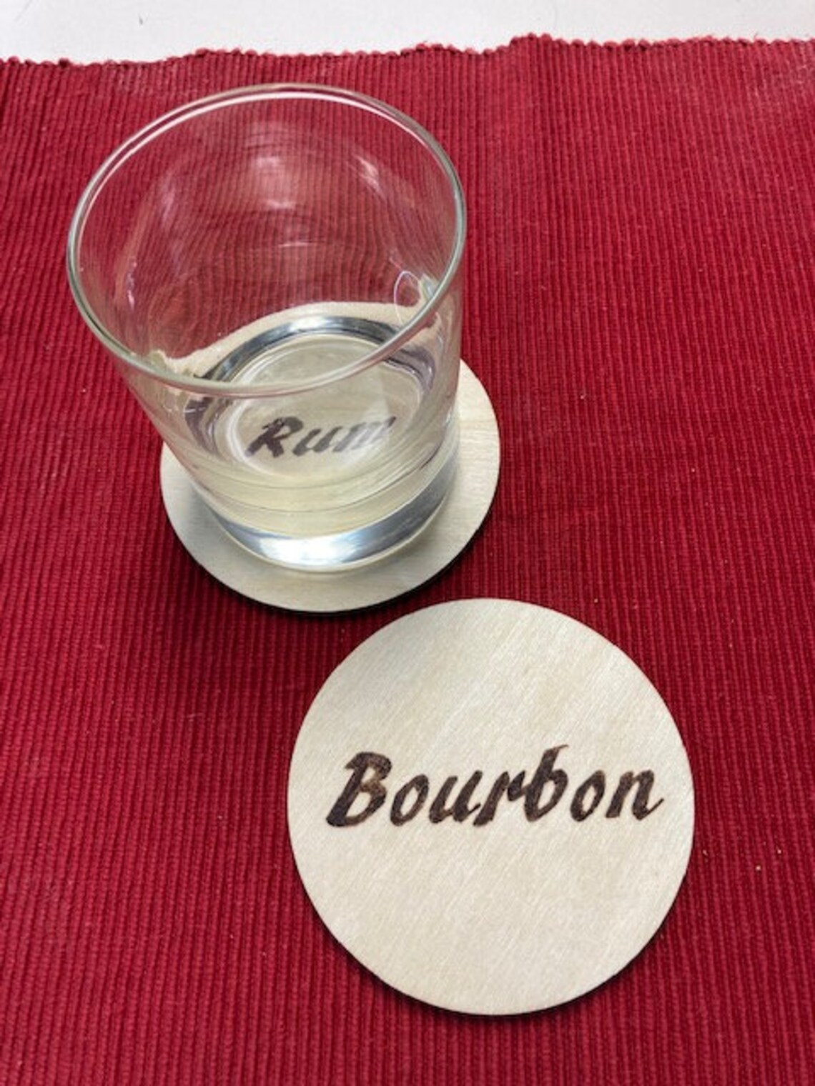 Liquor Themed Wooden Coaster Set, Liquor Names Wood Burned Coaster Set