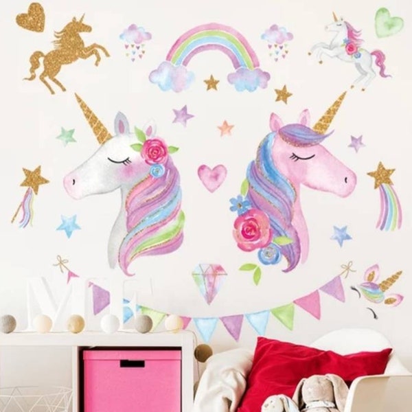 Adesivi murali unicorno/Arredamento camera da letto per ragazze/Decalcomania arcobaleno unicorno/Adesivi murali in vinile/Asilo nido/Decorazioni murali sala giochi/Adesivi unicorno