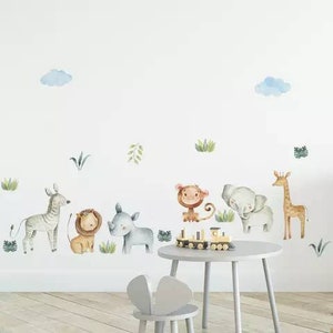 Safari Animals Watercolour Jungle Wall Stickers Decal Baby Nursery/Childrens Bedroom/Kids/Playroom/Giraffe/Lion/Elephant/Zebra/Monkey/Rhino