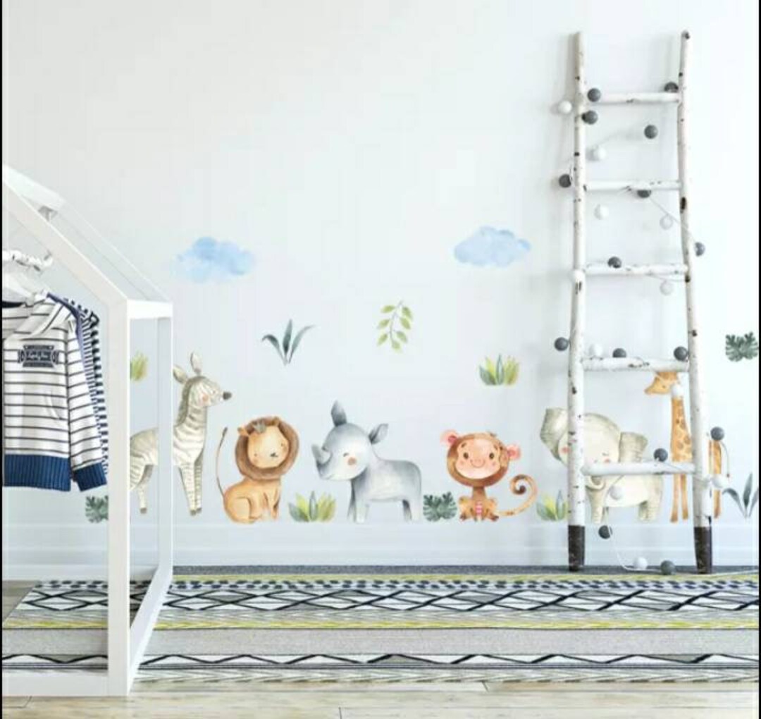 Large Safari Animals Watercolour Jungle Wall Stickers Decal Baby ...