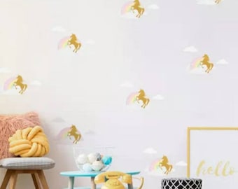 Unicorn Wall Stickers Nursery Decal Bedroom Vinyl - Unicorn/ Rainbow/Clouds Playroom Girls room Baby room Gold Glitter Sparkly Theme