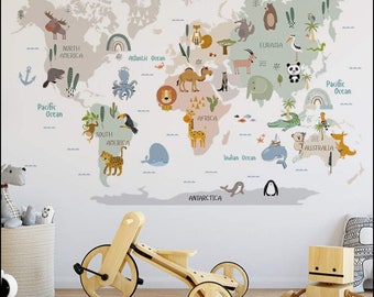 Mapa del mundo pared vinilo decoración Boho pegatinas de pared calcomanía bebé guardería/dormitorio/niños/sala de juegos jirafa león elefante cebra mono