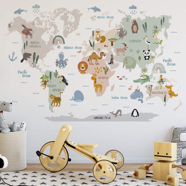 Wereldkaart muur vinyl decor Boho muurstickers sticker babykamer/slaapkamer/kinderen/speelkamer Giraffe leeuw olifant Zebra aap