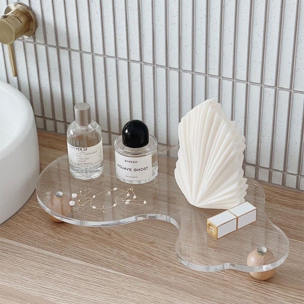 Wavy Acrylic Tray with Solid Wood Base | Elegant Display Stand for Jewelry, Perfume, and Cosmetics | Organizer for Home Decor