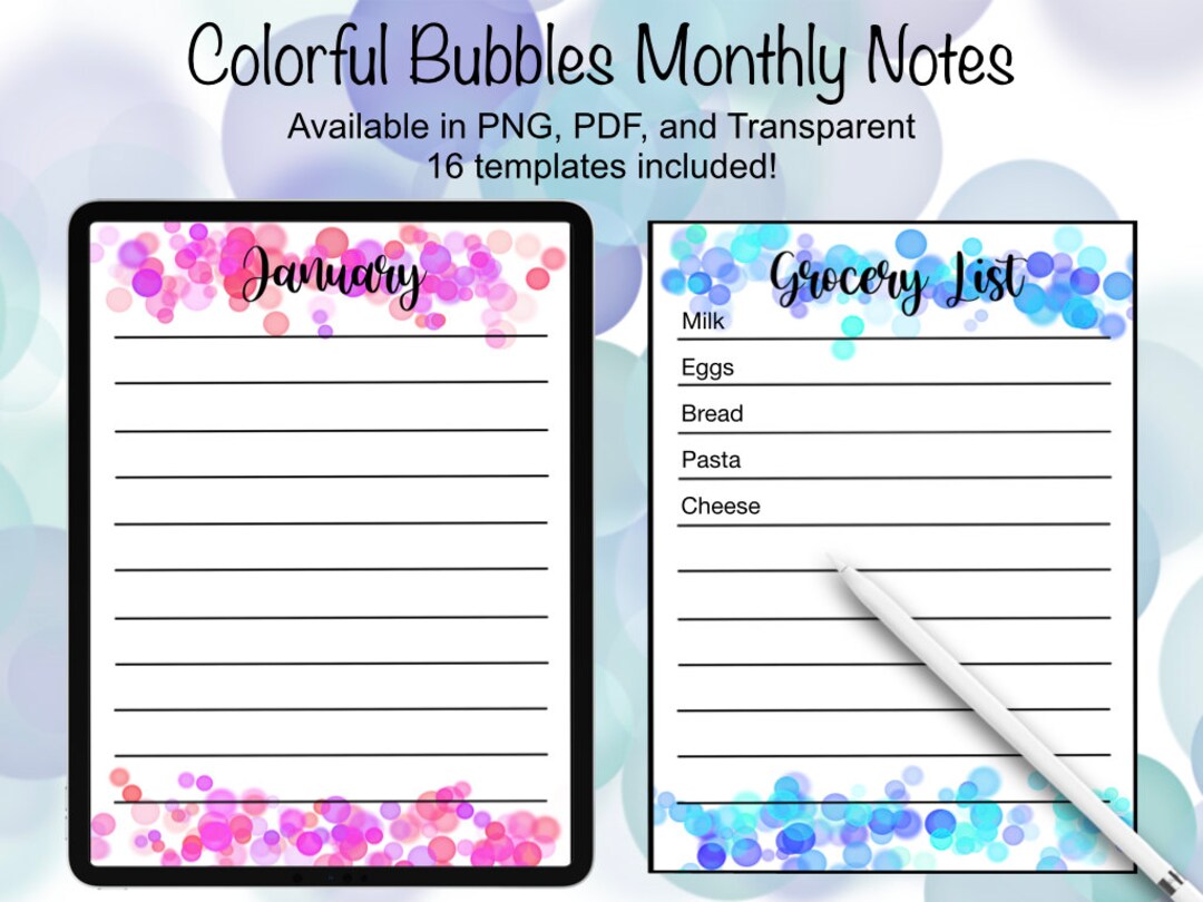 Colorful Monthly Note Templates, Instant Digital Download - Etsy