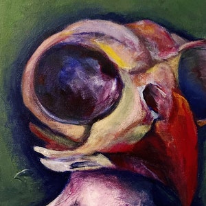 May include: A painting of a nude person with a skull-like mask over their head. The mask is painted in shades of yellow, red, and purple. The person's skin is painted in shades of pink and purple.