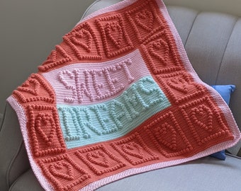 Unique hearts crochet blanket pattern | Crochet heart baby blanket with words | Hand-knit baby blanket pattern with graph