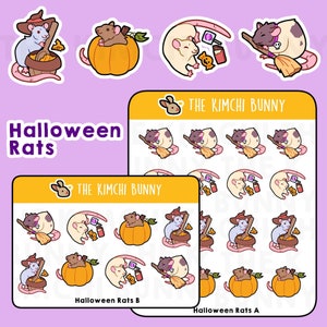 May include: A set of 12 Halloween-themed rat stickers featuring various poses, including a rat in a witch's hat, a rat on a broom, and a rat sitting on a pumpkin. The stickers are designed in a cute cartoon style with bright colors and are labeled "The Kimchi Bunny" and "Halloween Rats".
