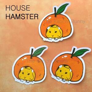 May include: Three orange stickers with a hamster inside each one. The hamster is peeking out of the orange. The text "The Kimchi Bunny" is on one of the stickers.