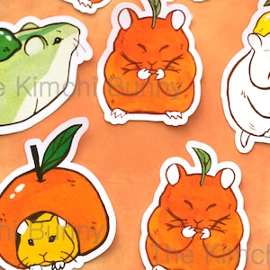 May include: A set of five stickers featuring cartoon hamsters wearing fruit hats. The hamsters are in various poses, including eating, sleeping, and sitting. The fruit hats are made of orange, lemon, and lime. The stickers are printed on white paper and have a glossy finish.