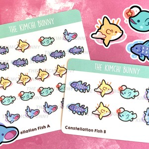 May include: Two sheets of stickers featuring colorful cartoon fish illustrations. The first sheet is labeled "Constellation Fish B" and features blue, yellow, and orange fish with stars. The second sheet is labeled "Rellaition Fish A" and features blue, yellow, and orange fish with a variety of patterns.