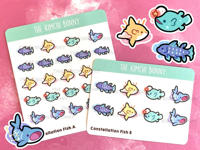 May include: Two sheets of stickers featuring colorful cartoon fish illustrations. The first sheet is labeled "Constellation Fish B" and features blue, yellow, and orange fish with stars. The second sheet is labeled "Rellaition Fish A" and features blue, yellow, and orange fish with a variety of patterns.
