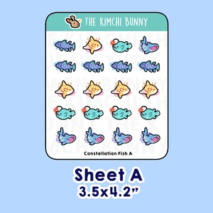 May include: A sheet of 18 stickers featuring various cartoon fish with constellations. The sheet is 3.5 inches by 4.2 inches and includes the text "Constellation Fish A" and "Sheet A 3.5x4.2" in black text.