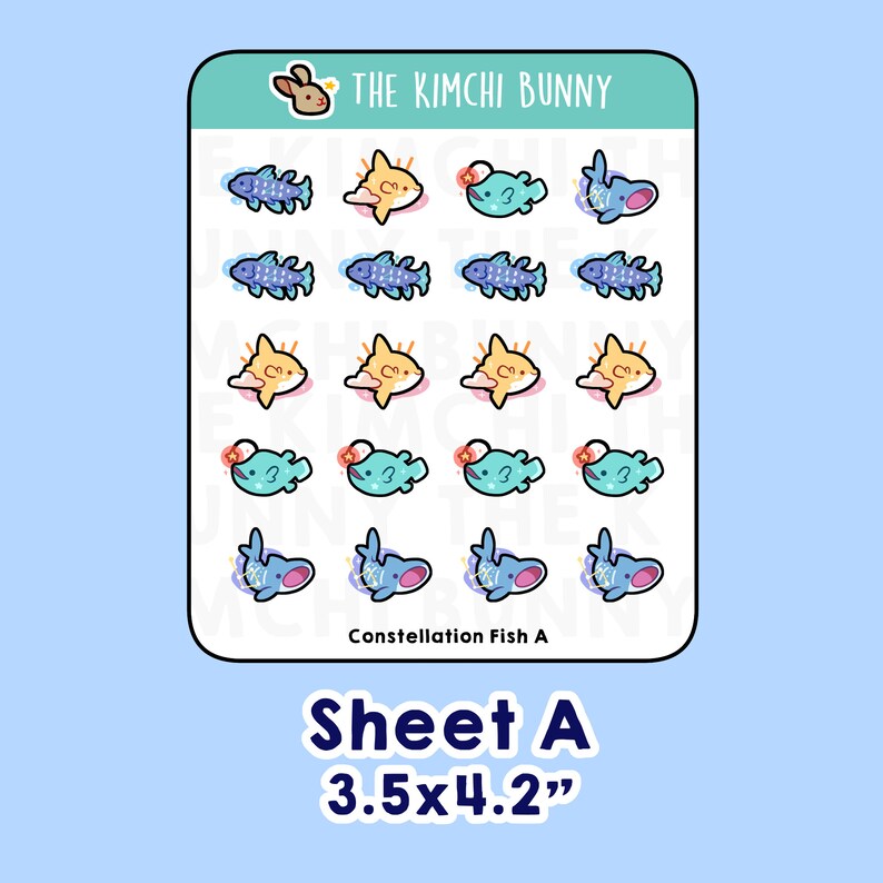 May include: A sheet of 18 stickers featuring various cartoon fish with constellations. The sheet is 3.5 inches by 4.2 inches and includes the text "Constellation Fish A" and "Sheet A 3.5x4.2" in black text.