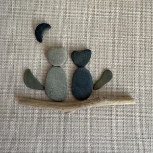 DIY Sea Pebble Art Kit: Zwei Katzen bei Mondlicht, Küstendekor, Geschenk für Katzenliebhaber, Geschenk für Freund, Katzenwanddekor, Haustier-Denkmal