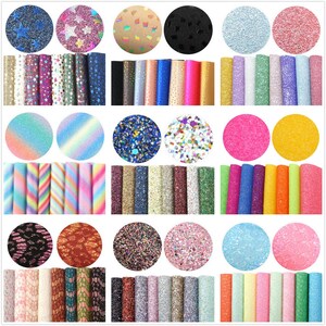 May include: Assortment of 40 sheets of faux leather in various colors and patterns, including glitter, stars, stripes, and animal print.