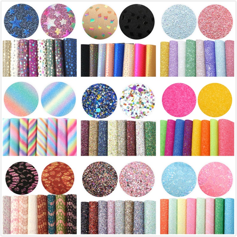 May include: Assortment of 40 sheets of faux leather in various colors and patterns, including glitter, stars, stripes, and animal print.