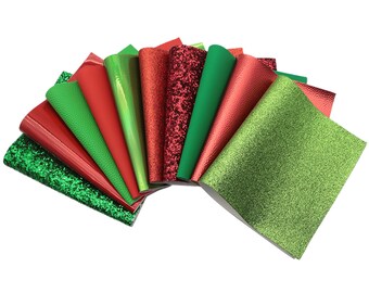 10pcs/pack Christmas Faux leather sheets Bundle, Red Green Leather,Crafts Supplies Leather sheets DIY Earrings Hair bows
