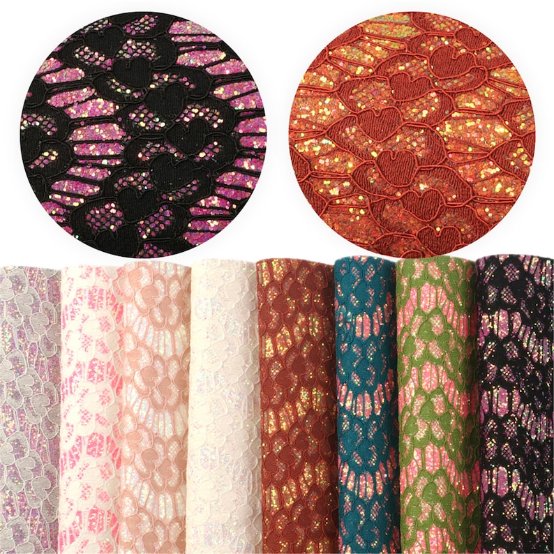 May include: Assortment of 10 sheets of faux leather with a lace pattern and iridescent glitter. The colors include black, white, pink, red, green, and blue.
