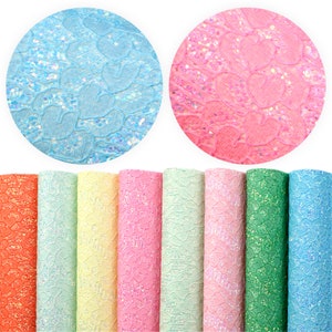 May include: Assortment of 10 sheets of faux leather with a heart-shaped lace pattern and iridescent glitter. The colors are orange, light blue, yellow, pink, light green, light pink, light blue, green, and light blue.