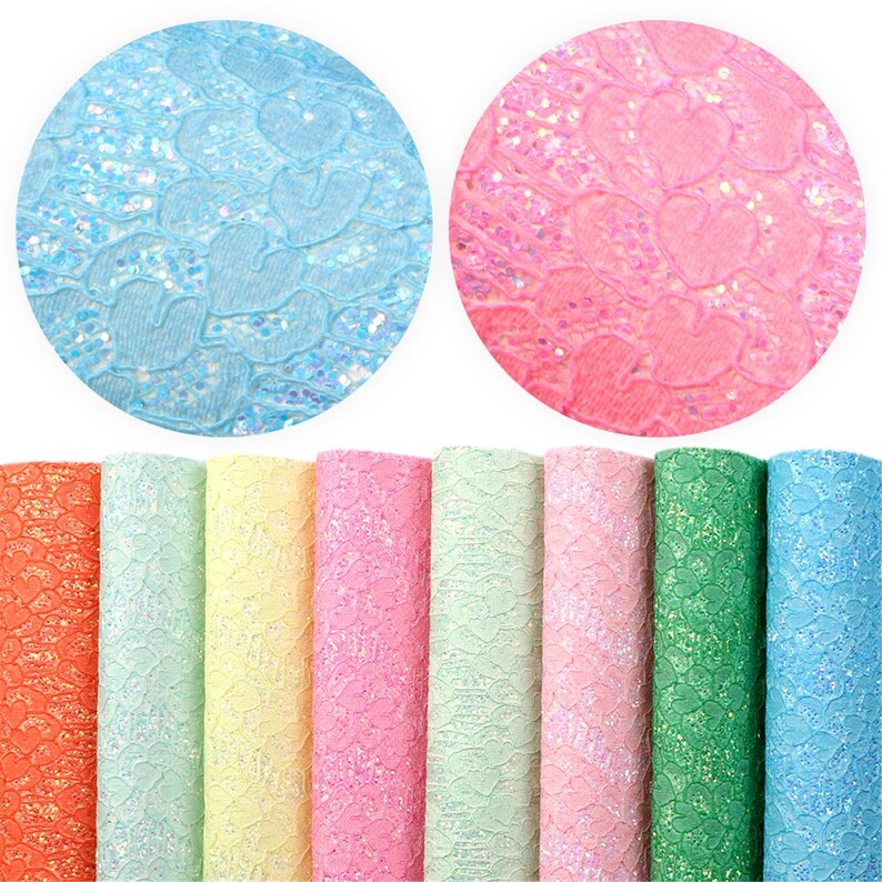 May include: Assortment of 10 sheets of faux leather with a heart-shaped lace pattern and iridescent glitter. The colors are orange, light blue, yellow, pink, light green, light pink, light blue, green, and light blue.