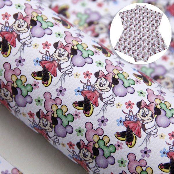 7.7x12.9 inch Or 11x55 inch Cartoon Mouse Balloon Castle Printed Lychee Faux leather Sheets,DIY Crafts Supplies for Earrings Hair bows