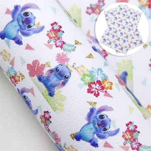 May include: White faux leather fabric with a repeating pattern of blue Stitch characters from the Disney movie Lilo & Stitch. The pattern also includes tropical flowers and leaves in shades of pink, yellow, green, and orange.