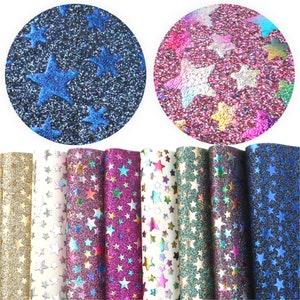 May include: Eight sheets of iridescent glitter fabric with a star pattern. The fabric is available in gold, silver, pink, purple, teal, and blue.