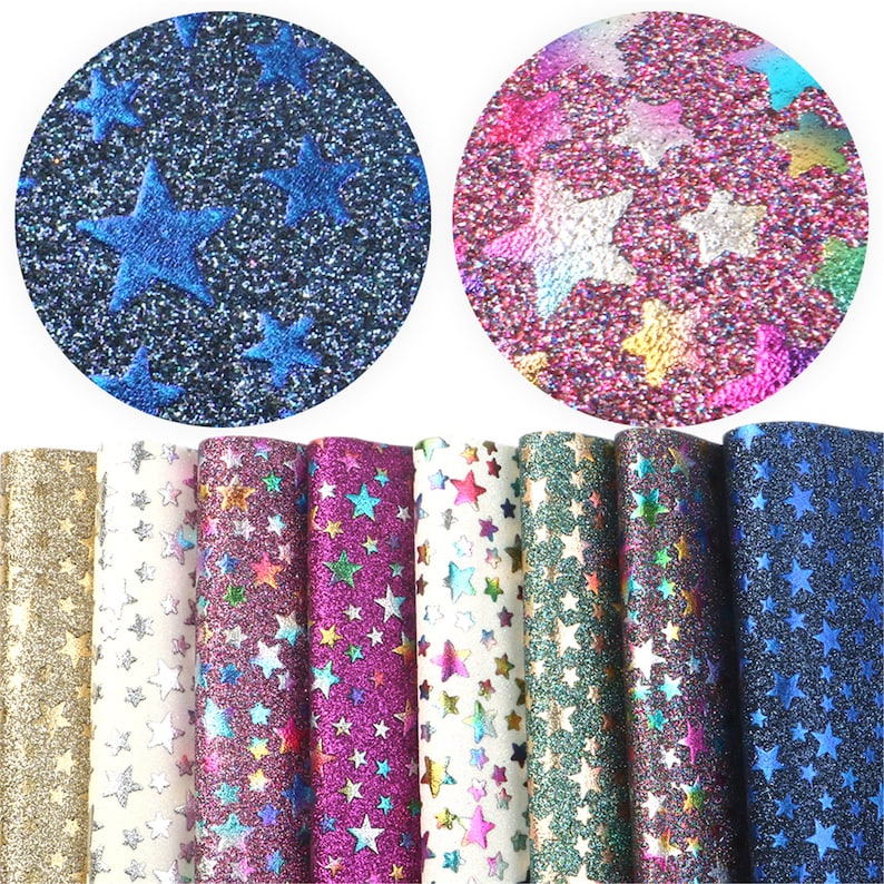 May include: Eight sheets of iridescent glitter fabric with a star pattern. The fabric is available in gold, silver, pink, purple, teal, and blue.