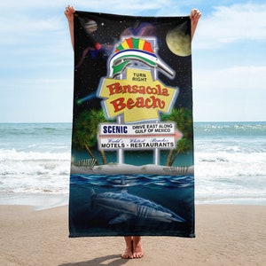 Pensacola Beach Sign - Sharks at Night - Beach Towel