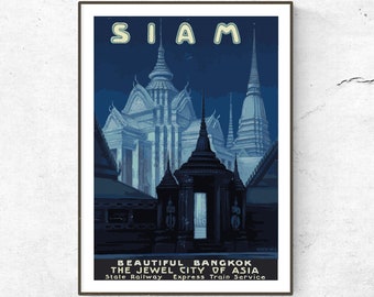 Restored Vintage Siam Poster / Print / Thailand Travel Print / Travel Poster / Fashion Decor / Vintage Print / Home Decor / Retro / Bangkok