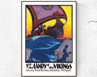 Restored Vintage Scandinavia Print / Poster / See The Land Of The Vikings Poster / Travel Print / Vintage Poster / Home Decor / Viking Print