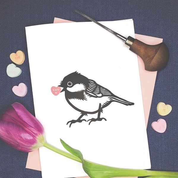 Chickadee Sweetheart Valentine, handprinted, linocut, 5x7