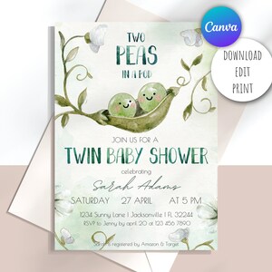 Invitación editable de baby shower gemelo / Dos guisantes en una tarjeta de vaina / Invitación de baby shower de mamá gemela en acuarela / DESCARGA DIGITAL