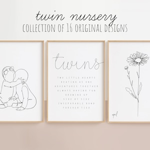 Zwillingszimmer Wand Dekor SET | Modernes minimalistisches Zwillingszimmer Wandbild |Geburtsmonat Blumen Line Art|Zweig Zeichen|Instant DIGITAL DOWNLOAD