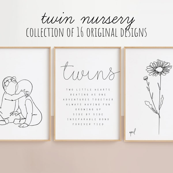 Twin nursery wall decor SET | modern minimalist twin nursery wall art |birth month flowers line art|twin quote sign|instant DIGITAL DOWNLOAD