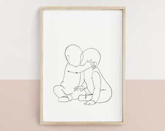 Tweeling kinderkamer kunst print, minimalistische kinderkamer, één lijntekening poster, baby tweeling knuffelen, instant download, DIGITALE DOWNLOAD