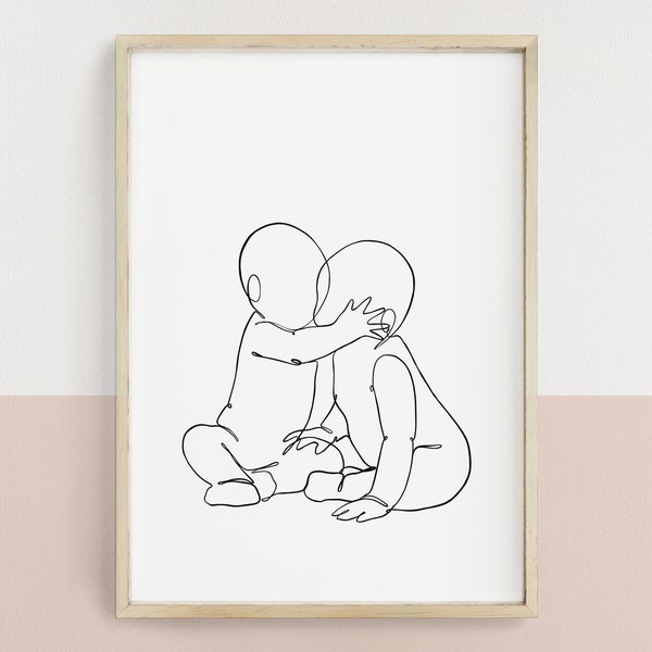 Twins nursery art print, minimalist nursery, one line drawing poster, baby twins hugging, instant download, DIGITAL DOWNLOAD