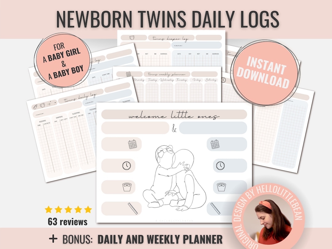 Printable Baby Twin Boy and Twin Girl Daily Trackers and Planner | Baby Twins Daily Logs ...