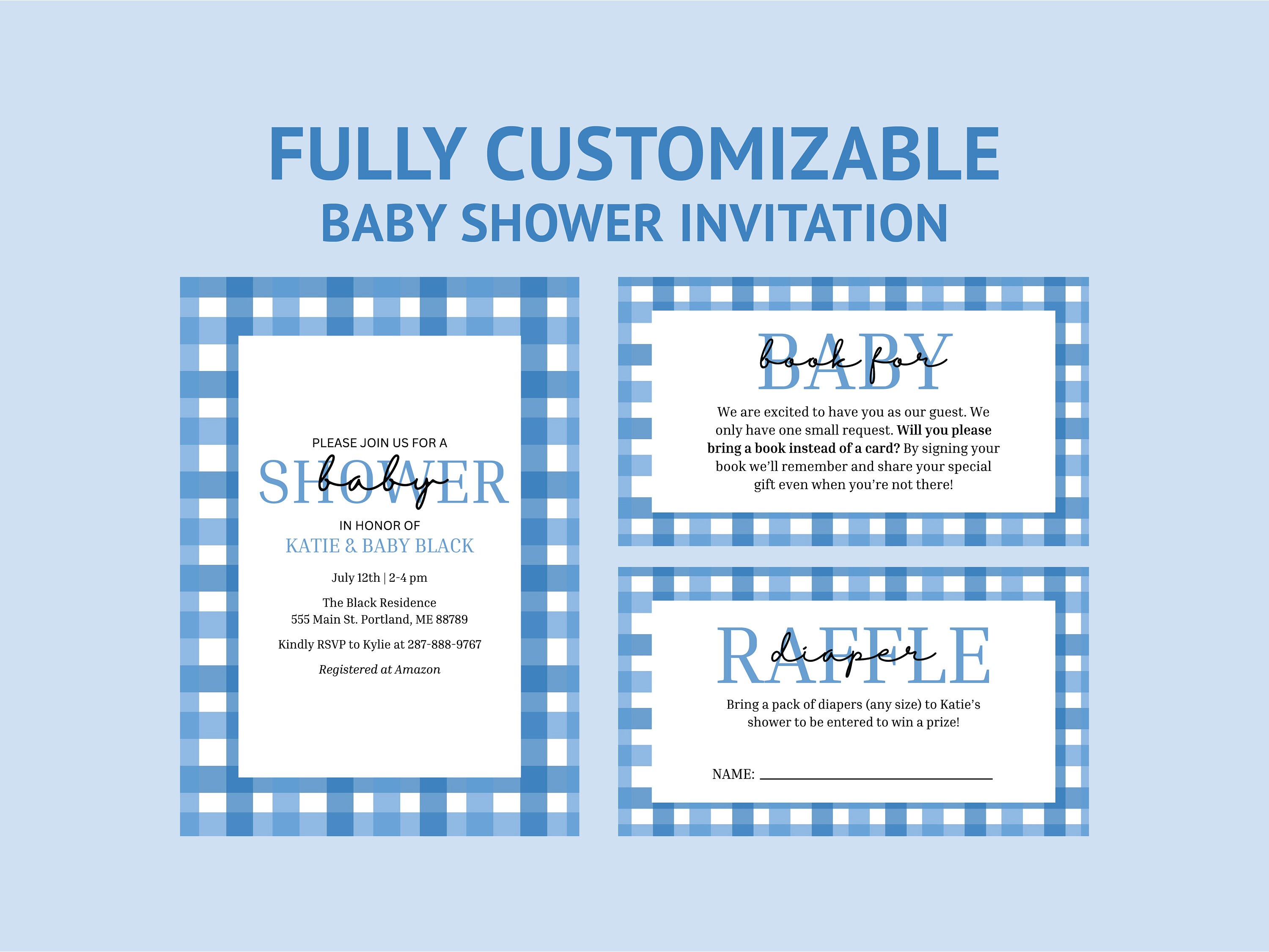 Customizable Baby Shower Invitation Canva Template Blue Plaid Baby