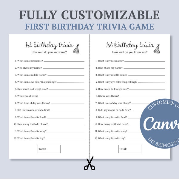 First Birthday Trivia Game | Fully Customizable | First Birthday Game for Adults | Gender Neutral | Canva Template | Custom Party Game