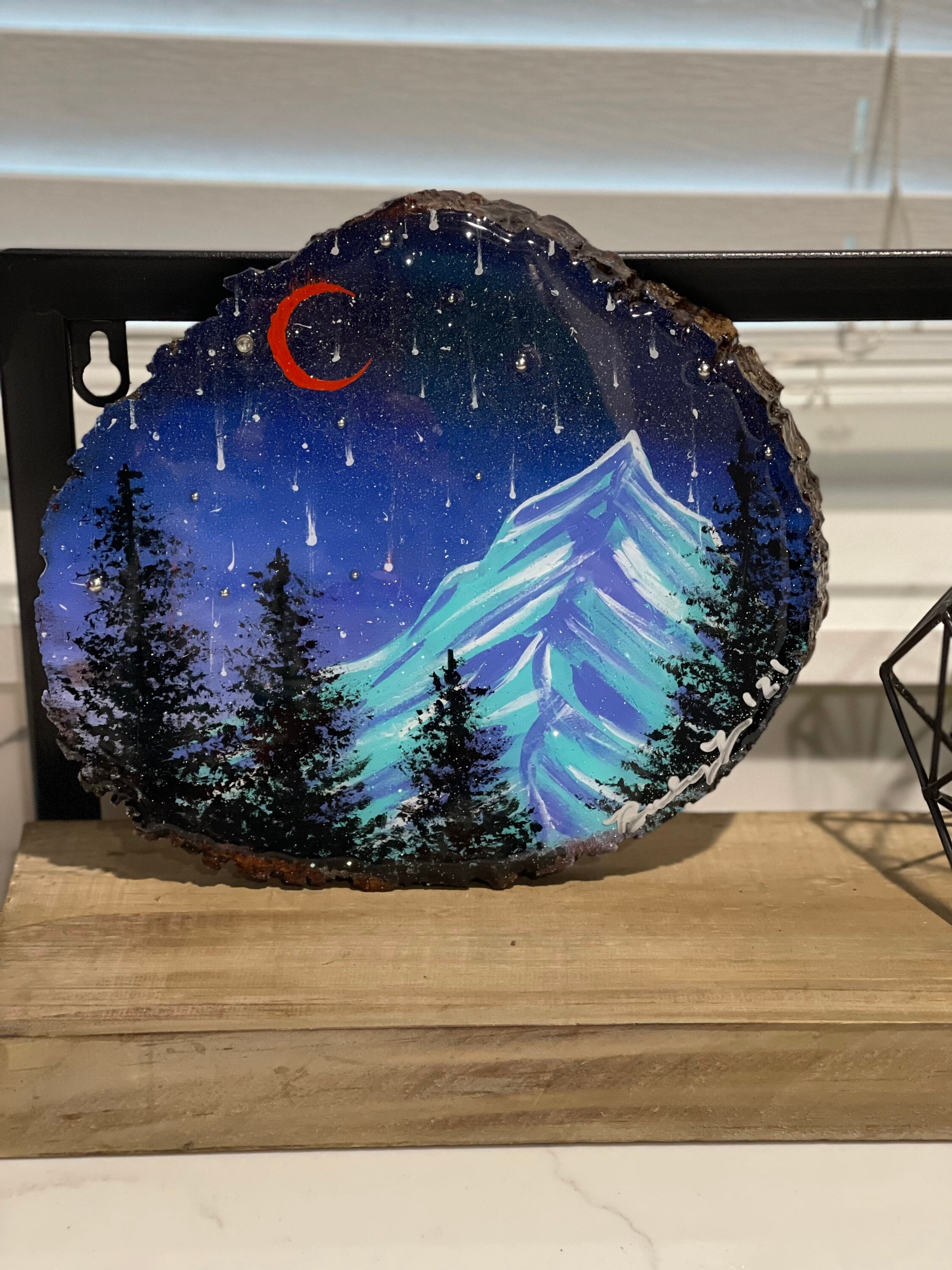 Red Crescent Moon Blue Mountain Wood Round Painting — Raising Wolvez